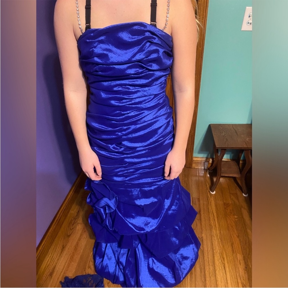 Jessica McClintock Blue Ruched Spaghetti Strap Prom Gown